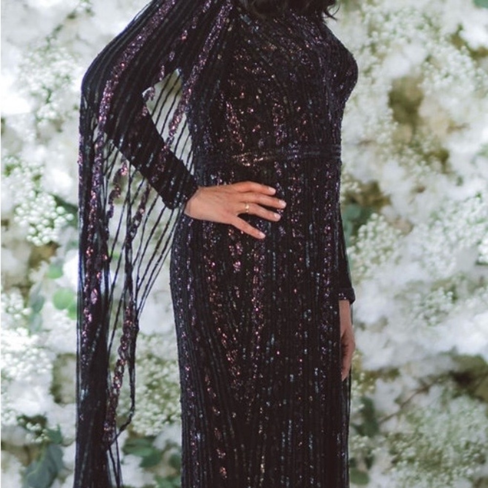 Mac Duggal Black Evening Gown with Purple Sequin Accents